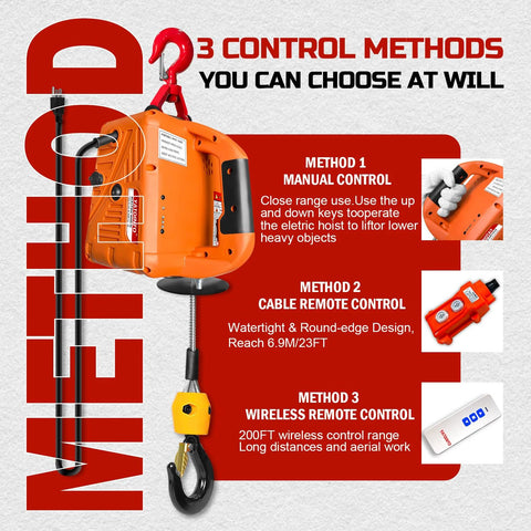 Front view of orange 3-in-1 electric hoist winch with manual control, wired remote, and wireless remote controls