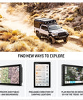 Off-road truck using Tread 2 Overland Edition Off-Road GPS Navigator, 8-inch glove-friendly touchscreen, rugged IP67 build