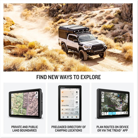 Off-road truck using Tread 2 Overland Edition Off-Road GPS Navigator, 8-inch glove-friendly touchscreen, rugged IP67 build