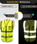 Next Level Hi Vis Safety Vest Class 2 Reflective Yellow Breathable Polyester showing standard and light-activated visibility.