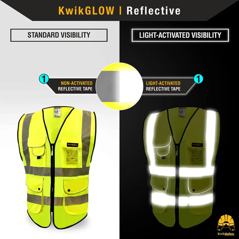 Next Level Hi Vis Safety Vest Class 2 Reflective Yellow Breathable Polyester showing standard and light-activated visibility.