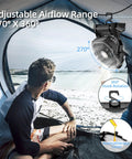 Rechargeable Camping Fan With 20000mAh Battery, LED Light, Hook in tent with 270-degree adjustable design on beach