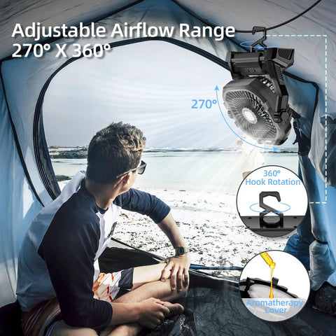 Rechargeable Camping Fan With 20000mAh Battery, LED Light, Hook in tent with 270-degree adjustable design on beach