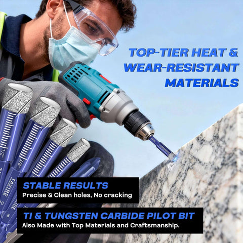 Front view of a teal cordless drill drilling granite, with six blue-tipped diamond drill bits displayed in foreground.