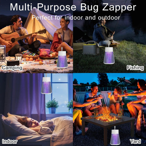 Rechargeable Indoor And Outdoor Bug Zapper With 600V Grid And 365Nm UV Light shown in different settings: camping, fishing, indoor, yard.