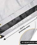 Close-up of Heavy Duty 16x20 Foot Tarp with brass grommets and reinforced edges showing tie down feature and dimensions