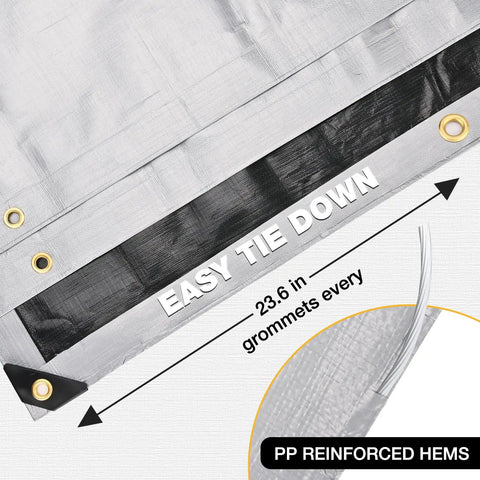 Close-up of Heavy Duty 16x20 Foot Tarp with brass grommets and reinforced edges showing tie down feature and dimensions