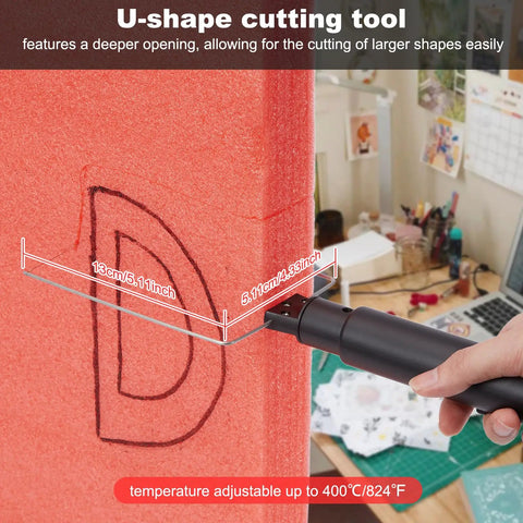4 In 1 Foam Cutter Kit For Styrofoam And Easy Carving showing U-shape cutting tool in action on red foam block