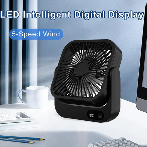 Magnetic Travel Fan With Five Adjustable Speeds Cruise Ship Approved Battery Powered Personal Cooler on desk with digital display