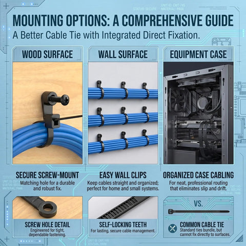 Instructional guide showing 100 Pack Eight Inch Black Zip Ties With Screw Hole And M4 Screws securing cables on wood, wall, and case.