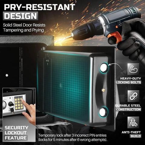 Pry-resistant design of Compact Drop Slot Safe Box With Digital Keypad Lock For Cash Money, Documents, Jewelry, and Valuables.