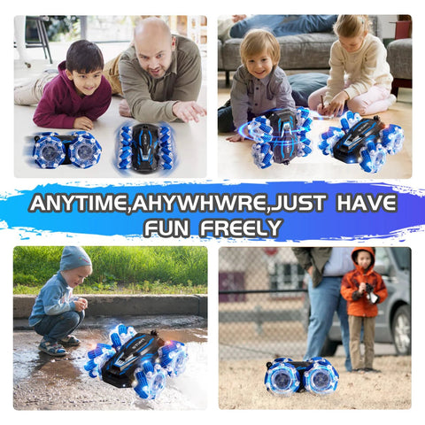 Blue YEMIAI 2.4GHz remote-control car with 4WD wheels and LED lights; double-sided 360° flip, indoor/outdoor use.