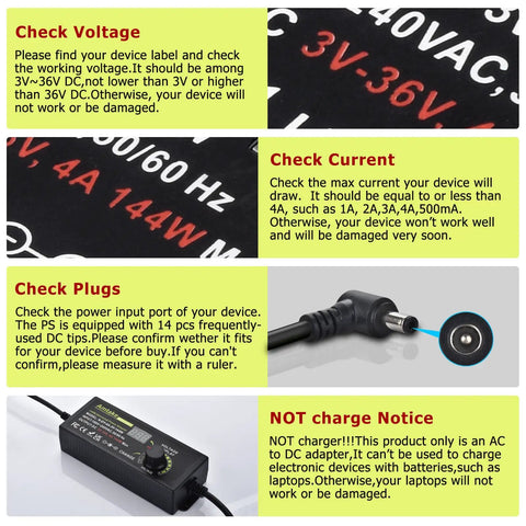 Instructions and components for Adjustable Universal Power Supply Adapter 4A 144W Variable DC Output 3V To 36V with 14 tips shown.