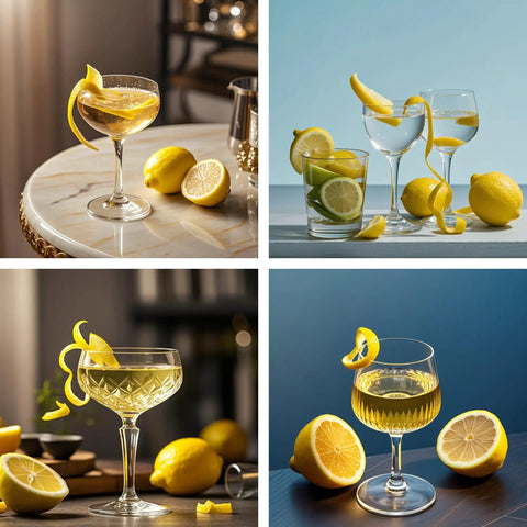 Cocktail garnished with spiral citrus peel using Lemon Zester and Garnish Channel Knife for Cocktails Triangular V Shaped Stainless Steel Bar Tool Professional Grade Citrus Peel Cutter Fruit Peeler and Garnish Maker for Drinks and Desserts.