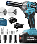 450 Nm Brushless Cordless Impact Wrench One Half Inch Drive With 4.0 Ah Battery And Four Sockets Beast Power For Cars DIY Projects Furniture Lawn Mower Blue, with battery and accessories