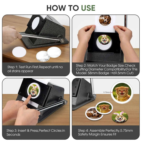 Instructions for using Heavy Duty Button Paper Cutter For 58mm Badges And 69.5mm Round Buttons Rugged Metal Die Cutter.