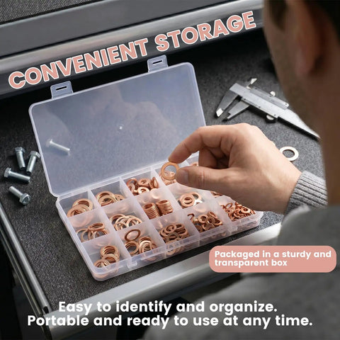 Must Have 350 Piece Copper Crush Washer Kit With M5 M14 Red Flat Rings For Oil Drain Plugs Brake Lines Banjo Bolts Marine Hydraulic Plumbing Stop Leaks With This Set For Car Truck Repairs Rock Solid Seals And Performance For DIYers And Pros. Copper washers in a clear organizer box, hand holding one ring.