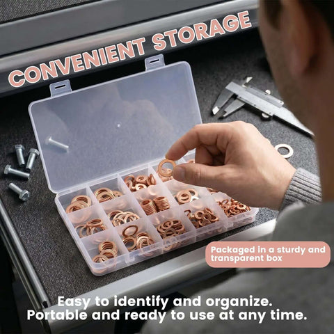 Pro Top Tier Copper Metric Sealing Crush Washers Setup 350 Pieces 10 Sizes Oil Drain Gaskets High Conductivity Banjo Bolt Washers Your Rig Or Boat Guaranteed Leak Proof Seals Better Than Cheap Alum For Rock Solid Reliable Daily Drive Performance. copper washers in organized transparent storage box