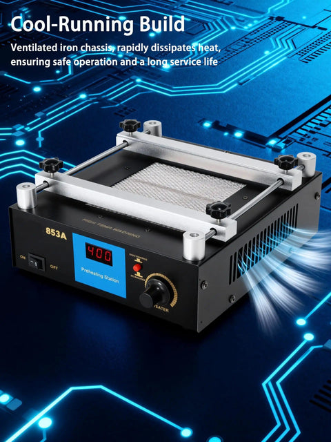 Pro Grade BGA Rework Station with Preheating Oven and Hot Plate, digital display, anti-static, black chassis on circuit board background