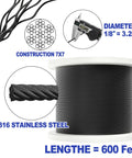 Heavy Duty 1/8 Inch Black Stainless Steel Cable Wire Rope For Deck Railing Kit T316 Marine Grade 7x7 Aircraft Cable With 1850 Lb Breaking Strength For DIY Balustrade Projects showing 600ft coil and construction details