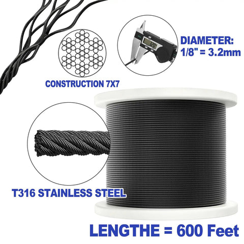 Heavy Duty 1/8 Inch Black Stainless Steel Cable Wire Rope For Deck Railing Kit T316 Marine Grade 7x7 Aircraft Cable With 1850 Lb Breaking Strength For DIY Balustrade Projects showing 600ft coil and construction details