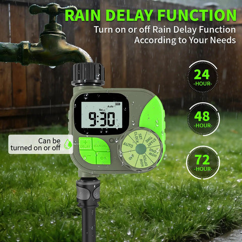 Smart Sprinkler Timer For Garden Hose With Rain Delay And Manual Mode, easy LCD display showing 9:30 time setting.