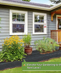 Heavy Duty Weed Barrier Fabric 6x300Ft Landscape Fabric shown installed in a garden bed along a house exterior with plants.