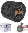 Diamond Surface Conditioning Drum 4.5 Inch 36 Grit Wire Drawing Wheel For Burnishing Machines Polishing Hard Metals Stones Ceramics Ideal For Stainless Steel Titanium Polishing And Finish Refinement In Metalworking. Image shows a black abrasive drum with a labeled center alongside packaging and a power tool.