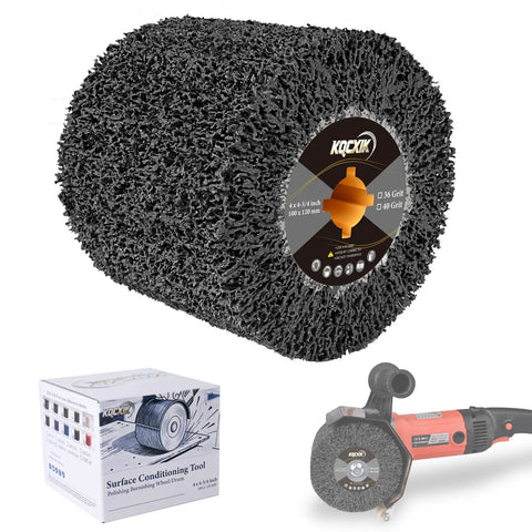 Diamond Surface Conditioning Drum 4.5 Inch 36 Grit Wire Drawing Wheel For Burnishing Machines Polishing Hard Metals Stones Ceramics Ideal For Stainless Steel Titanium Polishing And Finish Refinement In Metalworking. Image shows a black abrasive drum with a labeled center alongside packaging and a power tool.