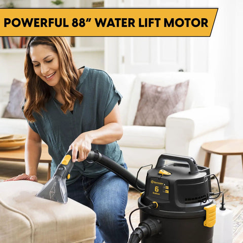 Professional Grade Wet Dry Upholstery Shampoo Vacuum Featuring Remote Control Handle And Six Gallon Tank For Autos Carpets And Furniture Bad Ass Dirt Hog Rig in use on upholstery.