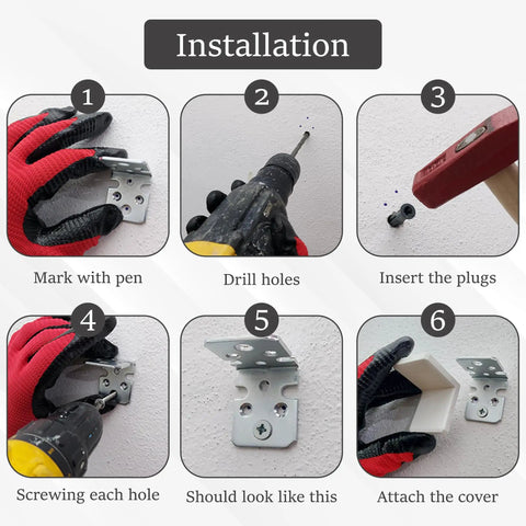 Installation steps for Heavy Duty Stainless Steel L Bracket Pack Of 4 White Shelf Corner Supports with concealed plastic covers.