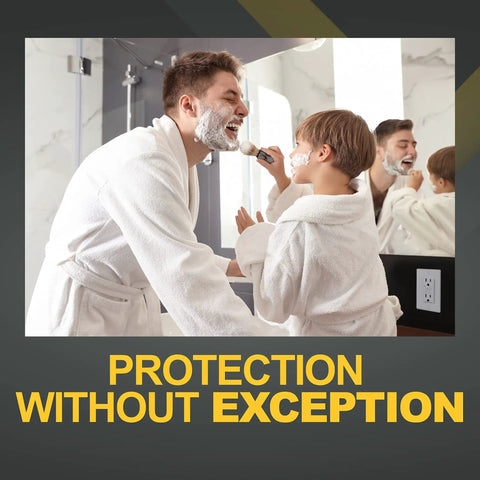 Father and son in bathrobes using Slim 15A GFCI Outlet With LED Indicator and Self Test Ground Fault Circuit Interrupter in bathroom