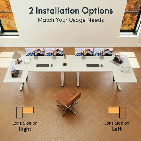 Sweeping L Shaped Standing Desk With Sturdy Four Leg Frame For Epic Gaming Or Pro Workstations, top view showcasing dual installation options.