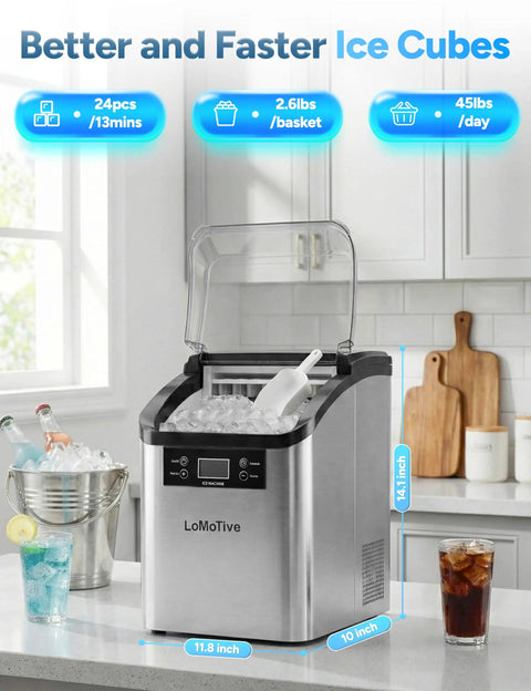 Countertop Ice Maker With 45 Lbs Per Day Output And Self Priming Water Supply Delivers Crystal Clear Ice Cubes In 13 Minutes Stainless Steel