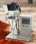 Rock Solid Semi Automatic Powder Filling Machine Crafted From Heavy Duty Stainless Steel With No Fuss Touchscreen Setup Perfect For Quick Desktop Packing Tasks Smooth Stepper Motor Drives in action with metal hopper and touchscreen control.