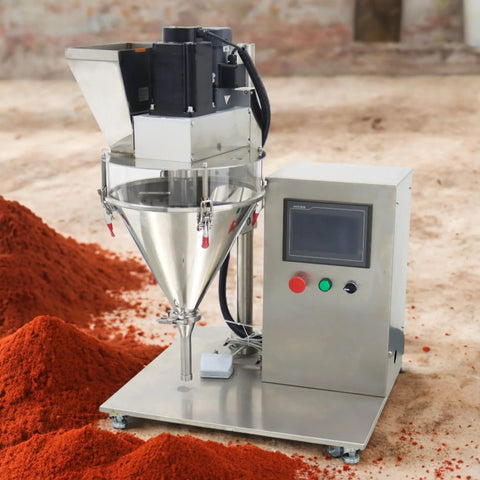 Rock Solid Semi Automatic Powder Filling Machine Crafted From Heavy Duty Stainless Steel With No Fuss Touchscreen Setup Perfect For Quick Desktop Packing Tasks Smooth Stepper Motor Drives in action with metal hopper and touchscreen control.