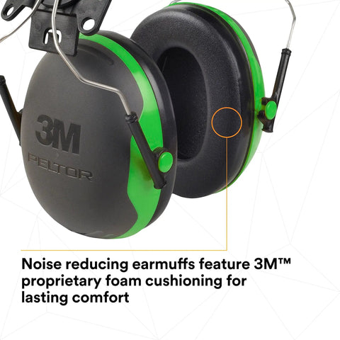 Cap Style Hard Hat Attachment Ear Muffs X Series X1P3E With 21 Db NRR, close-up of foam cushioning, black and green design