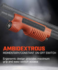 TL Racker 1000 Lumen 20000 Candela Tactical Forend Light With Ambidextrous Controls, ergonomic orange design.