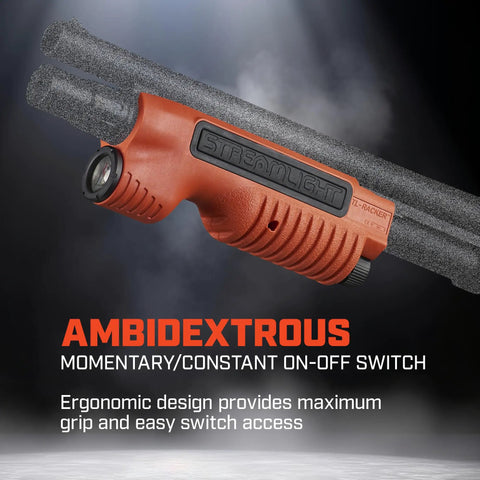 TL Racker 1000 Lumen 20000 Candela Tactical Forend Light With Ambidextrous Controls, ergonomic orange design.