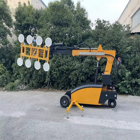 Heavy Duty Electric Glass Vacuum Lifter With Wireless Remote And Suction Cup Hoist For Pro Installers That Pulls Serious Weight And Moves Glass Panels Like A Badass Machine, side view, with suction cups and arm extended.