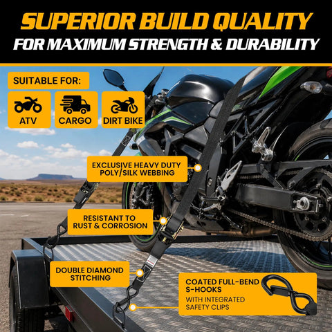 Heavy Duty Ratchet Straps 4 Pack Tie Down Belts 1 Inch By 15 Feet 1680 Lb Break Strength used to secure a dirt bike on a trailer.
