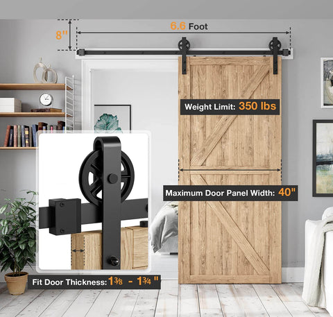 6.6 Foot Heavy Duty Sliding Barn Door Hardware Kit With Industrial Big Wheel J Hangers For Wood Doors Fits Doors 1 3 8 To 1 3 4 Inch Thick And 40 Inch Wide Panels Black Finish Pro Grade For Home Garage Barn And Farmhouse DIY Projects