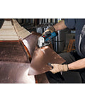 User cutting steel with Heavy Duty Pro Grade 12V Cordless Metal Shear Cuts Steel Four Times Faster With Zero Sweat For Flawless Straight And Curved Cuts Up To One Point Three Millimeter Thick No Battery Or Charger.