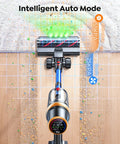 Cordless vacuum cleaner front view with blue wand, transparent dustbin, and floor brush head