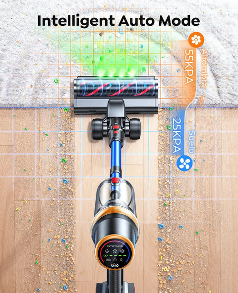 Cordless vacuum cleaner front view with blue wand, transparent dustbin, and floor brush head