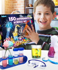 Child with 150 Experiments Science Kit For Kids Hands On Chemistry And Physics Lab Set With Volcano Eruptions visible.