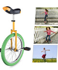 20 Inch Outdoor Unicycle With Adjustable Seat For Adults And Kids, Durable Manganese Steel Frame, Yellow Green, shown in action