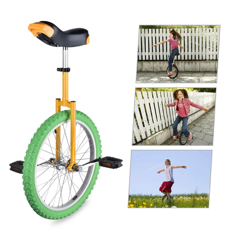 20 Inch Outdoor Unicycle With Adjustable Seat For Adults And Kids, Durable Manganese Steel Frame, Yellow Green, shown in action