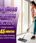 Lightweight Cordless Electric Sweeper With Quad Brush Design For No Sweat Floor Cleaning Picks Up Pet Hair And Nitty Gritty Dust From Tile Wood Carpet Featuring Effortless Gliding Action In Purple being used on a floor.