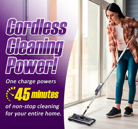 Lightweight Cordless Electric Sweeper With Quad Brush Design For No Sweat Floor Cleaning Picks Up Pet Hair And Nitty Gritty Dust From Tile Wood Carpet Featuring Effortless Gliding Action In Purple being used on a floor.